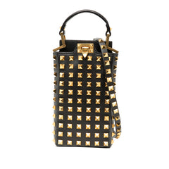 ヴァレンティノ ロックスタッズ ショルダーバッグ スマートフォン ミニポーチ ブラック ゴールド レザー メタル レディース VALENTINO 【中古】