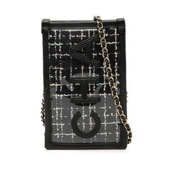 シャネル ロゴ ツイード チェーン ショルダーバッグ フォンケース ブラック ビニール レザー レディース CHANEL 【中古】