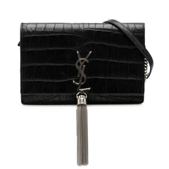 サンローラン YSLロゴ クロコ型押し タッセル チェーン ショルダーバッグ ブラック レザー レディース SAINT LAURENT 【中古】
