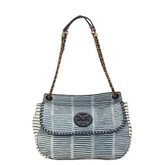 トリーバーチ ロゴ ボーダー パイソン型押し チェーン ショルダーバッグ ネイビー ホワイト レザー レディース Tory Burch 【中古】