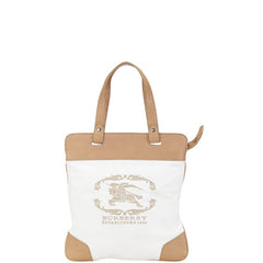 バーバリー ノバチェック ロゴ ハンドバッグ トートバッグ ホワイト ベージュ キャンバス レザー レディース BURBERRY 【中古】