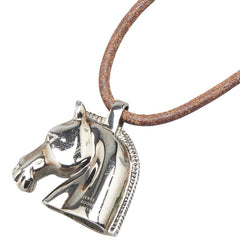 エルメス シュバル ホース 馬 ペンダントネックレス シルバー ブラウン メタル レザー レディース HERMES 【中古】