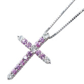 K18WG ホワイトゴールド ピンクサファイア0.75ct ダイヤ0.27ct クロス 十字架 モチーフ ベネチアン チェーン ネックレス レディース 【中古】