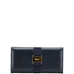サルヴァトーレフェラガモ ヴァラリボン 長財布 ネイビー レザー レディース Salvatore Ferragamo 【中古】