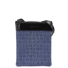 ブルガリ ロゴマニア ショルダーバッグ ブルー ブラック キャンバス レザー レディース BVLGARI 【中古】