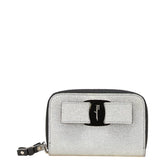 サルヴァトーレフェラガモ ヴァラリボン ラメ コインケース シルバー ブラック グリッターキャンバス レザー レディース Salvatore Ferragamo 【中古】