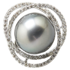 K18WG ホワイトゴールド 黒蝶真珠13.8mm ダイヤ0.75ct リング 指輪 レディース 10.5号 【中古】