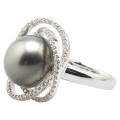 K18WG ホワイトゴールド 黒蝶真珠13.8mm ダイヤ0.75ct リング 指輪 レディース 10.5号 【中古】