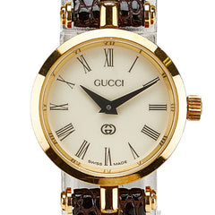 グッチ シェリーライン 型押し 腕時計 クオーツ ベージュ文字盤 ステンレススチール レザー レディース GUCCI 【中古】