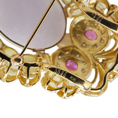 K18YG イエローゴールド ダイヤ0.40ct ラベンダーヒスイ17.97ct キャッツアイ7.86ct ルビー0.53ct フクロウ ブローチ レディース 【中古】