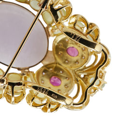 K18YG イエローゴールド ダイヤ0.40ct ラベンダーヒスイ17.97ct キャッツアイ7.86ct ルビー0.53ct フクロウ ブローチ レディース 【中古】