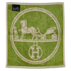 エルメス ハンカチ ハンドタオル ホワイト グリーン シルク コットン レディース HERMES 【中古】