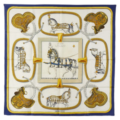 エルメス カレ90 GRAND APPARAT 盛装の馬 スカーフ ホワイト ブルー イエロー シルク レディース HERMES 【中古】