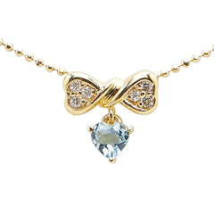 K18YG イエローゴールド アクアマリン ダイヤ0.07ct リボン ハート モチーフ ペンダントネックレス レディース 【中古】