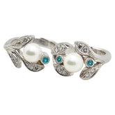 K18WG ホワイトゴールド ダイヤ0.48ct アコヤパール7mm パライバトルマリン0.16ct リーフ モチーフ 2連 リング 指輪 レディース 【中古】