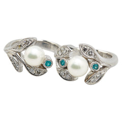 K18WG ホワイトゴールド ダイヤ0.48ct アコヤパール7mm パライバトルマリン0.16ct リーフ モチーフ 2連 リング 指輪 レディース 【中古】