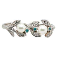 K18WG ホワイトゴールド ダイヤ0.48ct アコヤパール7mm パライバトルマリン0.16ct リーフ モチーフ 2連 リング 指輪 レディース 【中古】