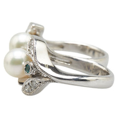 K18WG ホワイトゴールド ダイヤ0.48ct アコヤパール7mm パライバトルマリン0.16ct リーフ モチーフ 2連 リング 指輪 レディース 【中古】