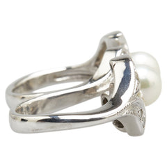 K18WG ホワイトゴールド ダイヤ0.48ct アコヤパール7mm パライバトルマリン0.16ct リーフ モチーフ 2連 リング 指輪 レディース 【中古】