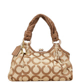 コーチ シグネチャー オブアート がま口 トートバッグ 13441 ベージュ ブラウン キャンバス レザー レディース COACH 【中古】