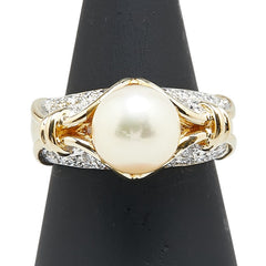 K18YG イエローゴールド パール9.3mm ダイヤ リング 指輪 レディース 13号 【中古】