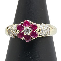 K18YG イエローゴールド ルビー0.70ct ダイヤ0.40ct フラワー モチーフ リング 指輪 レディース 13.5号 【中古】