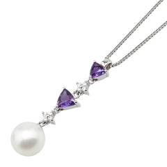 K18WG ホワイトゴールド ダイヤ0.07ct アコヤパール8.5mm アメジスト0.51ct ペンダントネックレス レディース 【中古】