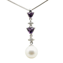 K18WG ホワイトゴールド ダイヤ0.07ct アコヤパール8.5mm アメジスト0.51ct ペンダントネックレス レディース 【中古】