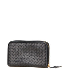 ボッテガヴェネタ イントレチャート ラウンドファスナー 長財布 ブラック レザー レディース BOTTEGAVENETA 【中古】