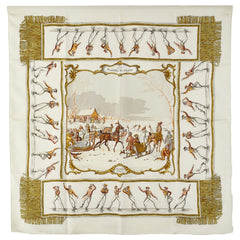 エルメス カレ90 LES PLAISIRS DU FROID 氷上の喜び スカーフ ホワイト ゴールド マルチカラー シルク レディース HERMES 【中古】