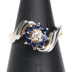 K18YG イエローゴールド Pt900 プラチナ コンビ サファイア0.54ct ダイヤ0.10ct 花 フラワー モチーフ リング 指輪 レディース 11号 【中古】