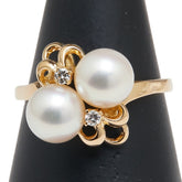 タサキ K18YG イエローゴールド アコヤパール7.5~7.6mm ダイヤ リング 指輪 レディース TASAKI 17号 【中古】