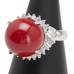 Pt900 プラチナ 赤サンゴ13.2mm ダイヤ0.43ct リング 指輪 レディース 11号 【中古】