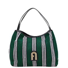 フルラ ストライプロープ プリムラ Primula ホーボーバッグ トートバッグ ハンドバッグ グリーン ブラック ホワイト レザー メッシュ レディース Furla 【中古】