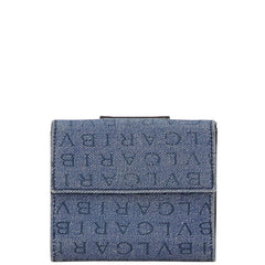 ブルガリ ロゴマニア 二つ折り財布 ブルー ブラック デニム レザー レディース BVLGARI 【中古】
