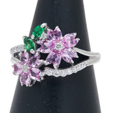 K18WG ホワイトゴールド ダイヤ0.15ct ピンクサファイア1.21ct ガーネット0.14ct 桜 フラワー モチーフ リング 指輪 レディース 11号 【中古】