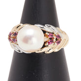 K18YG イエローゴールド Pt900 プラチナ コンビ アコヤパール9mm ルビー リング 指輪 レディース 11号 【中古】