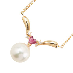 K18YG イエローゴールド ダイヤ0.03ct アコヤパール8.6mm ルビー ネックレス レディース 【中古】