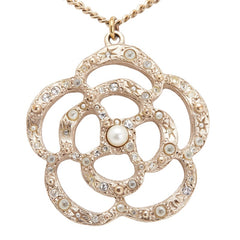 シャネル カメリア ラインストーン ネックレス シャンパンゴールド メッキ フェイクパール レディース CHANEL 【中古】