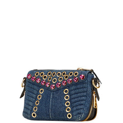 ミュウミュウ ビジュー 斜め掛け ショルダーバッグ インディゴブルー マルチカラー デニム レザー レディース MIUMIU 【中古】