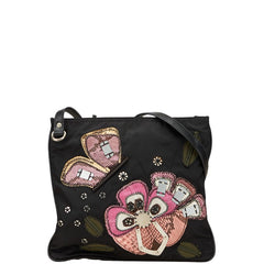 プラダ 三角ロゴプレート フラワー刺繍 斜め掛け ショルダーバッグ ポシェット ブラック マルチカラー ナイロン パイソン レディース PRADA 【中古】