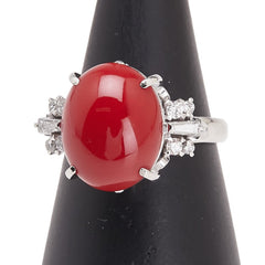 Pt900 プラチナ 赤サンゴ約13.6×11mm ダイヤ0.24ct リング 指輪 レディース 12号 【中古】