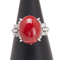 Pt900 プラチナ 赤サンゴ約13.6×11mm ダイヤ0.24ct リング 指輪 レディース 12号 【中古】