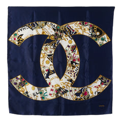 シャネル ココマーク 宝石 モチーフ スカーフ ネイビー ゴールド マルチカラー シルク レディース CHANEL 【中古】