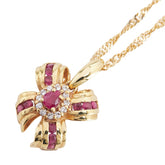 K18YG イエローゴールド ダイヤモンド0.09ct ルビー0.62ct リボン モチーフ ネックレスペンダントトップ レディース 【中古】