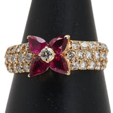 K18YG イエローゴールド ルビー0.85ct ダイヤ0.70ct 花 フラワー パヴェ リング 指輪 レディース 13号 【中古】