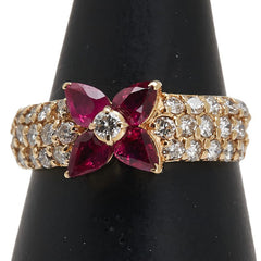 K18YG イエローゴールド ルビー0.85ct ダイヤ0.70ct 花 フラワー パヴェ リング 指輪 レディース 13号 【中古】