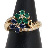 K18YG イエローゴールド ダイヤ0.12ct エメラルド サファイア 花 フラワー モチーフ リング 指輪 レディース 11号 【中古】