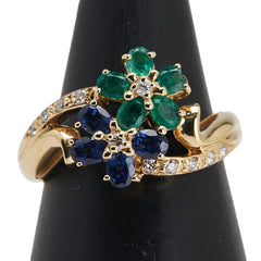 K18YG イエローゴールド ダイヤ0.12ct エメラルド サファイア 花 フラワー モチーフ リング 指輪 レディース 11号 【中古】