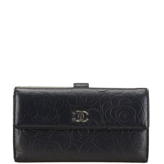 シャネル カメリア ココマーク 長財布 ブラック シルバー ラムスキン レディース CHANEL 【中古】